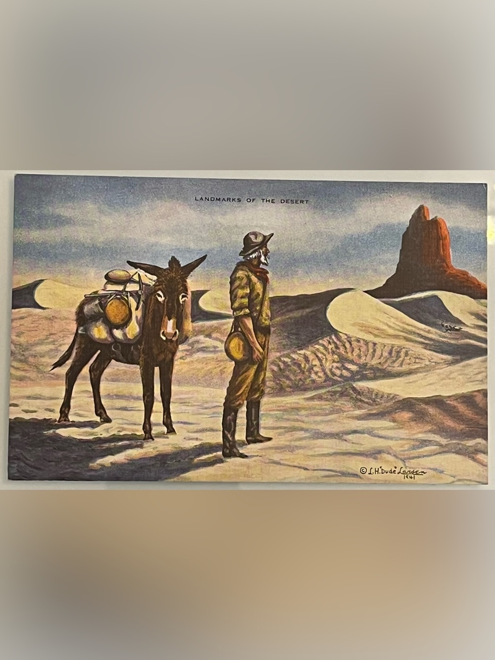 L H Dude Larsen 1941 Landmarks Of the Desert vintage Postcard Donkey Cowboy
